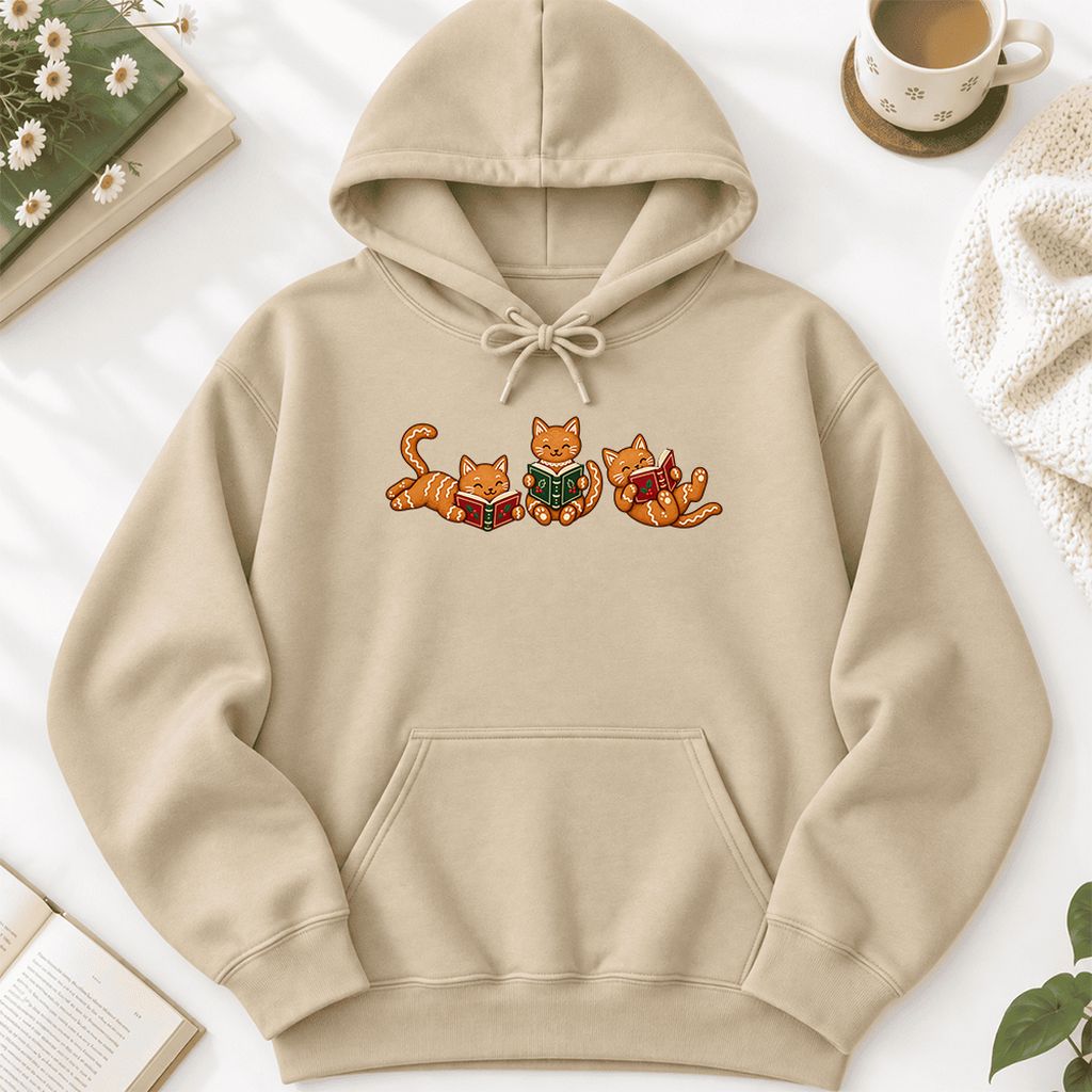 Cozy Gingerbread Cats Reading Books Softstyle Hoodie | Christmas Gift Sand