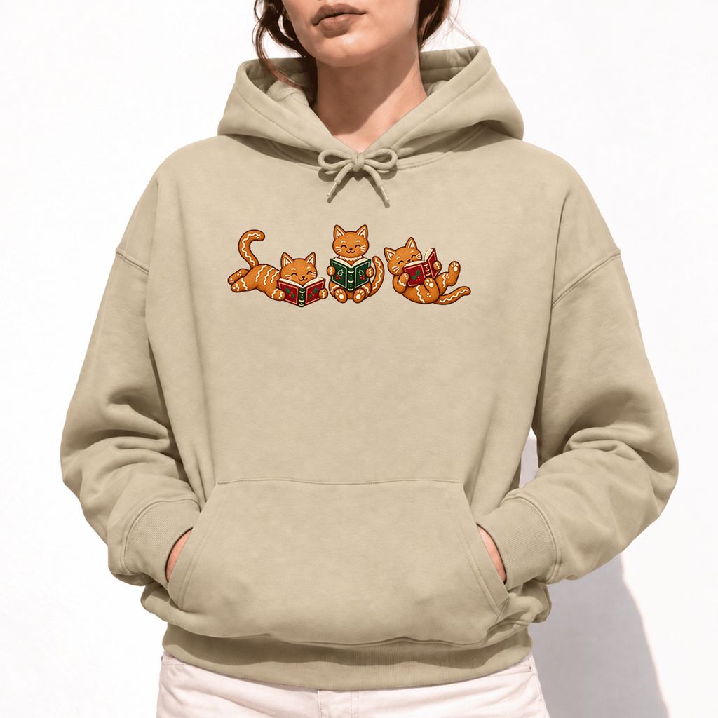 Cozy Gingerbread Cats Reading Books Softstyle Hoodie | Christmas Gift Sand