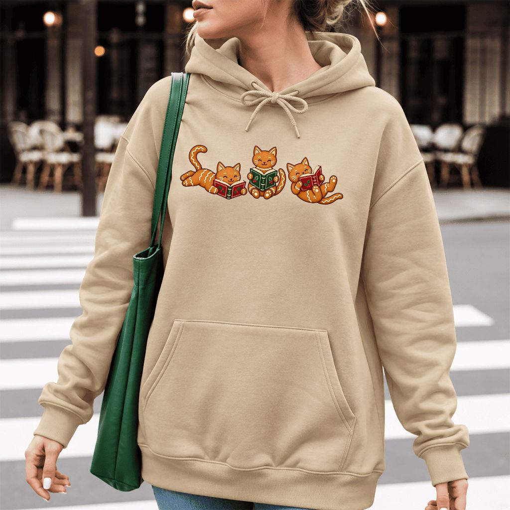 Cozy Gingerbread Cats Reading Books Softstyle Hoodie | Christmas Gift Sand