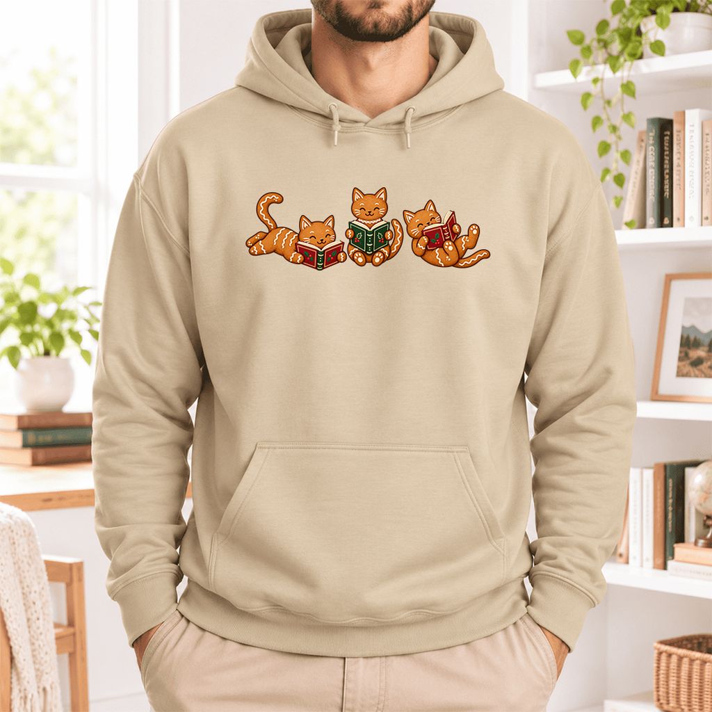 Cozy Gingerbread Cats Reading Books Softstyle Hoodie | Christmas Gift Sand