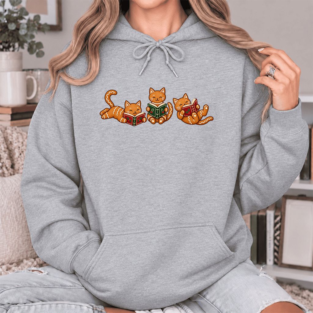 Cozy Gingerbread Cats Reading Books Softstyle Hoodie | Christmas Gift Sport Grey