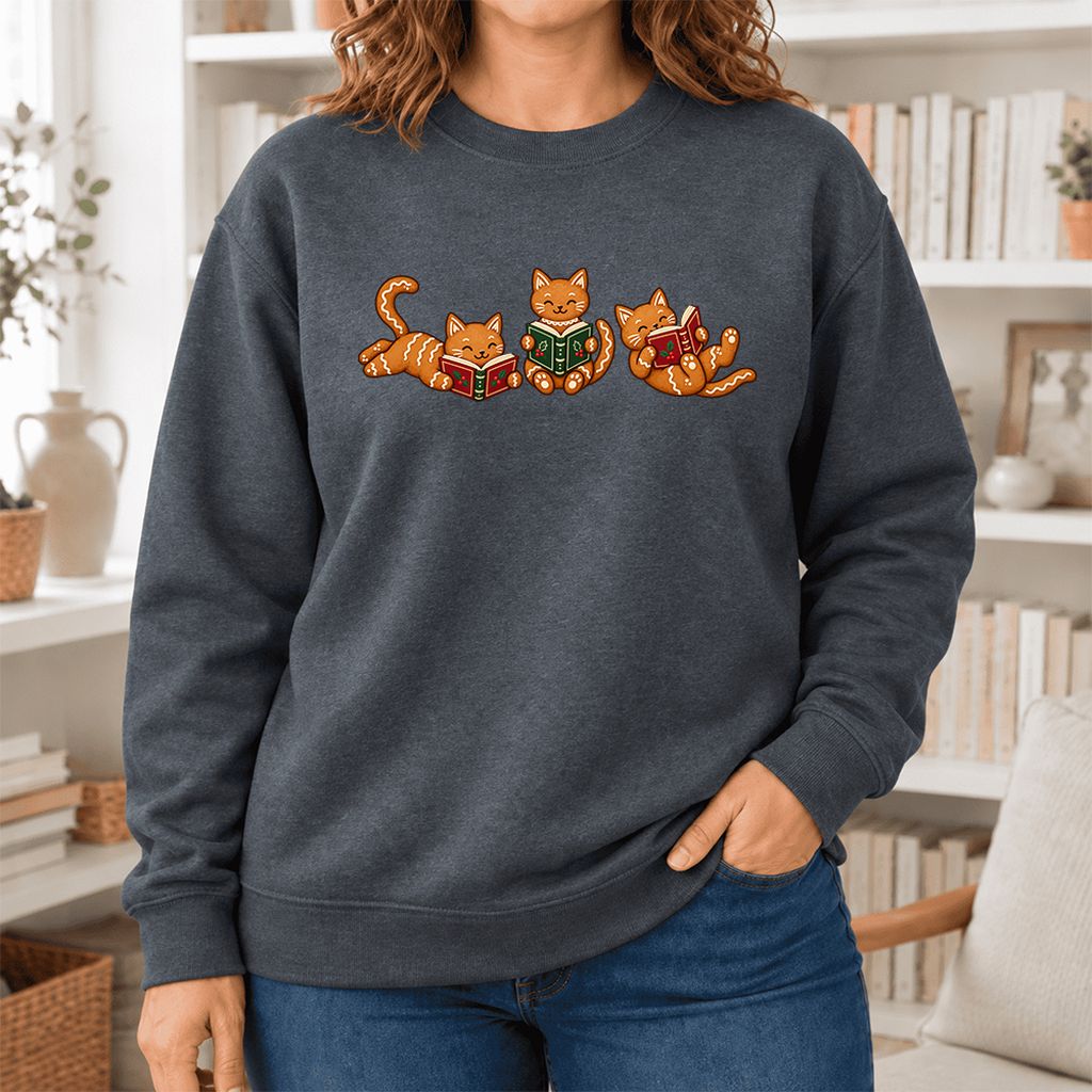Cozy Gingerbread Cats Reading Books Softstyle Sweatshirt | Christmas Gift Dark Heather