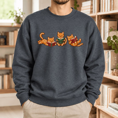 Cozy Gingerbread Cats Reading Books Softstyle Sweatshirt | Christmas Gift Dark Heather