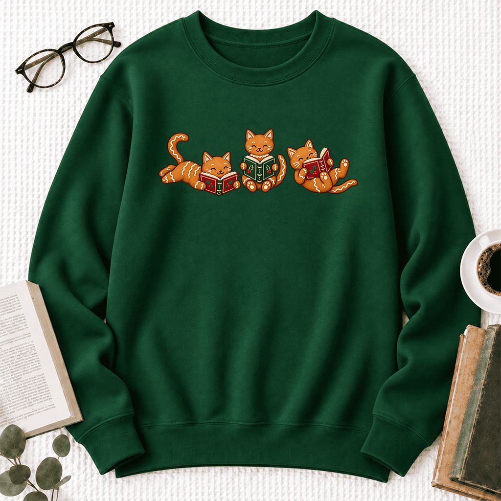 Cozy Gingerbread Cats Reading Books Softstyle Sweatshirt | Christmas Gift Forest Green