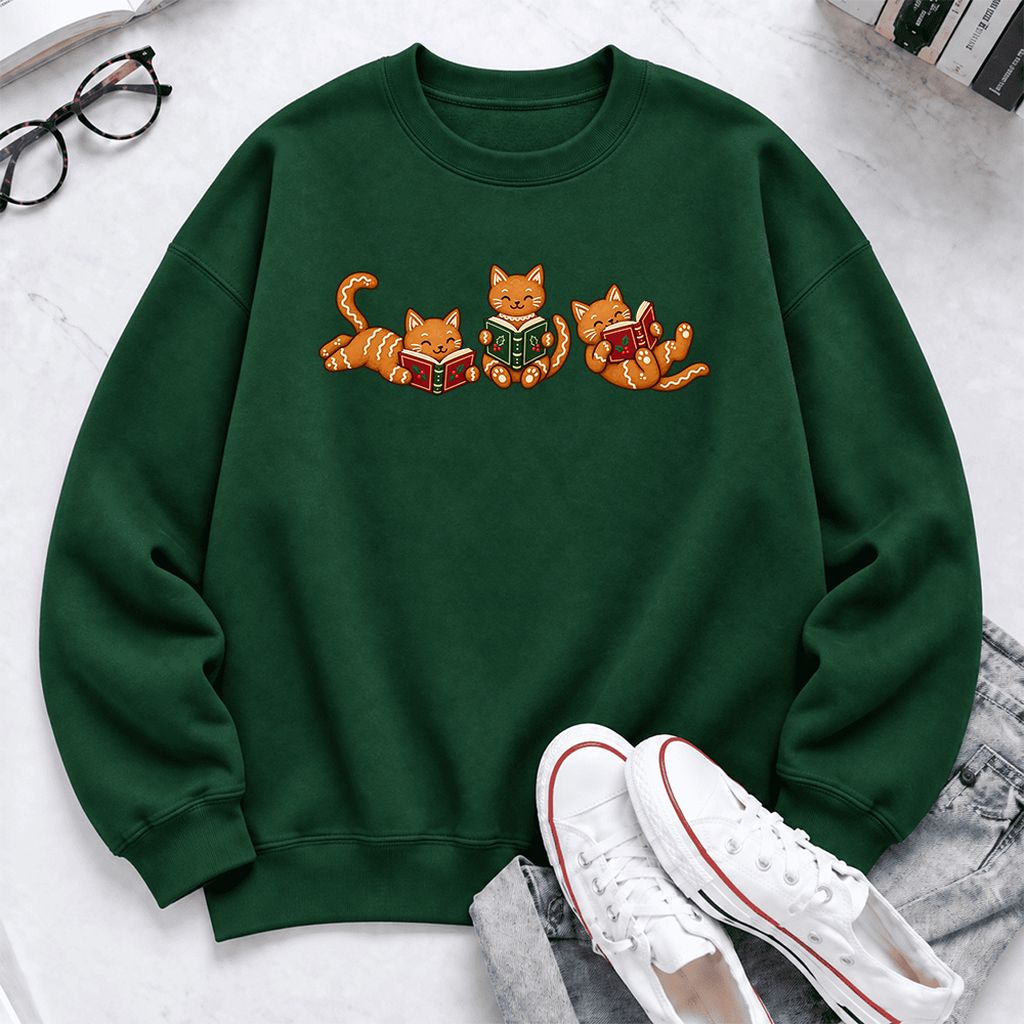 Cozy Gingerbread Cats Reading Books Softstyle Sweatshirt | Christmas Gift Forest Green