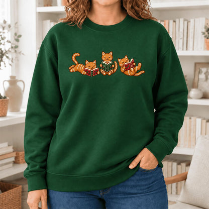 Cozy Gingerbread Cats Reading Books Softstyle Sweatshirt | Christmas Gift Forest Green