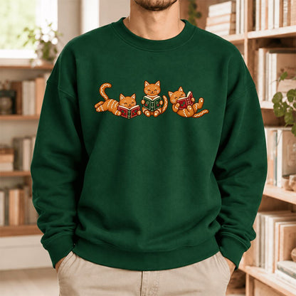 Cozy Gingerbread Cats Reading Books Softstyle Sweatshirt | Christmas Gift Forest Green