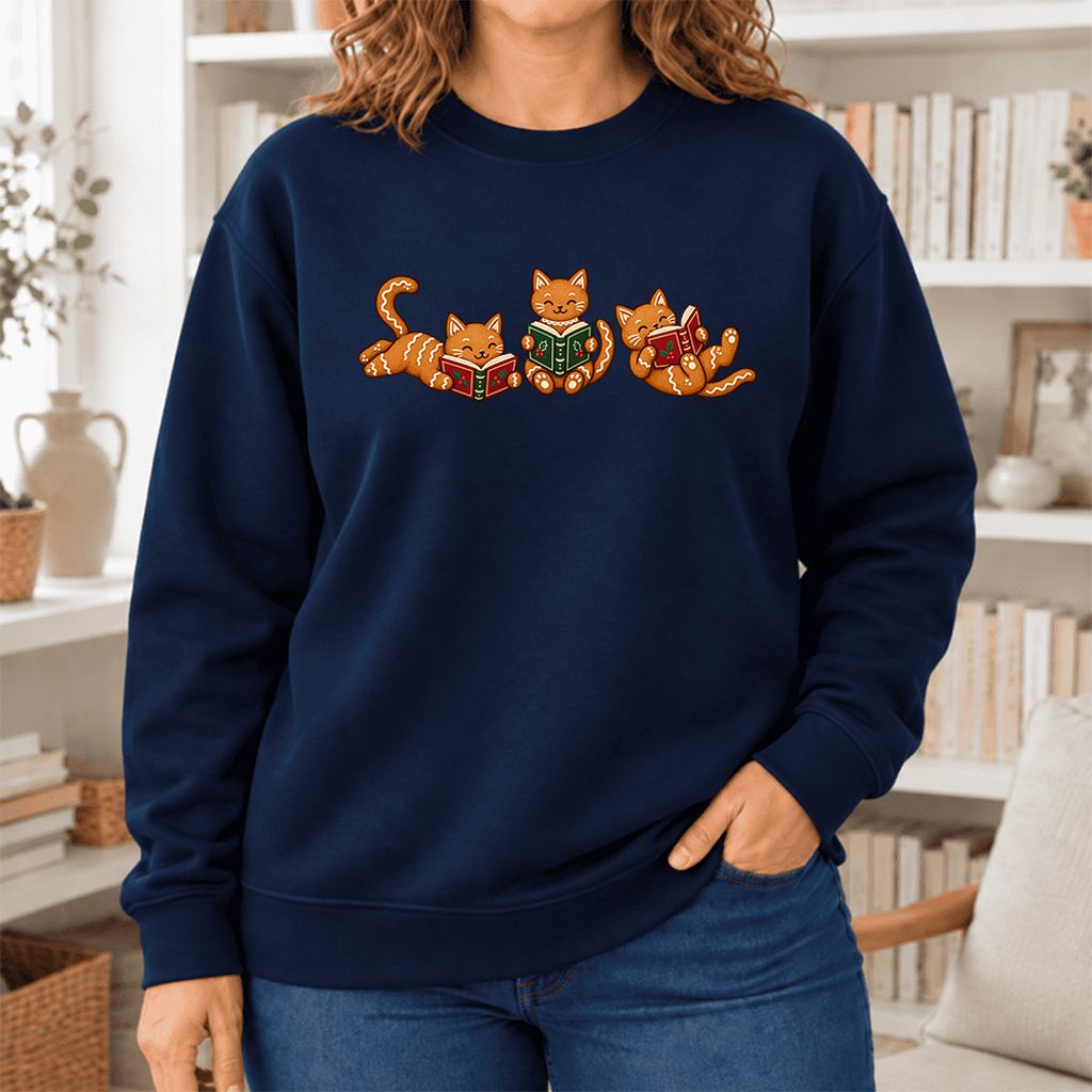 Cozy Gingerbread Cats Reading Books Softstyle Sweatshirt | Christmas Gift Navy