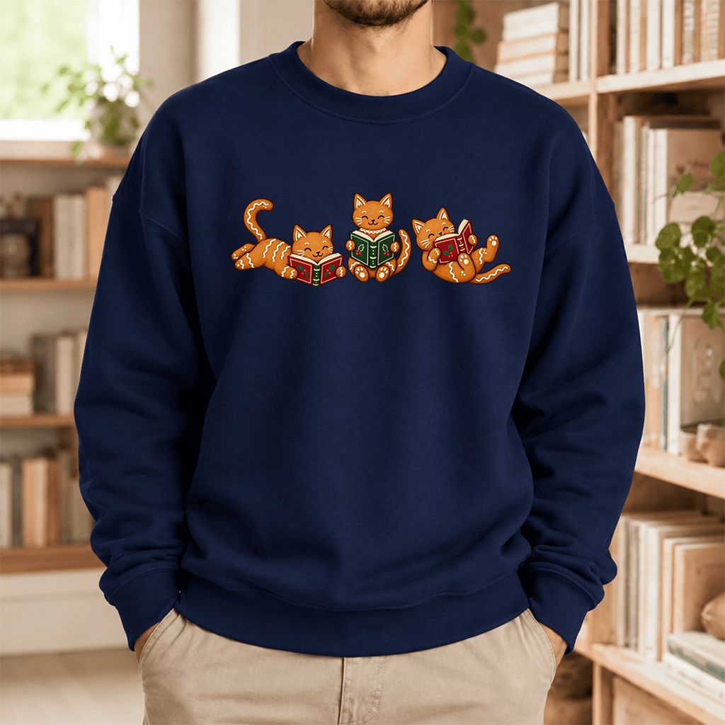 Cozy Gingerbread Cats Reading Books Softstyle Sweatshirt | Christmas Gift Navy