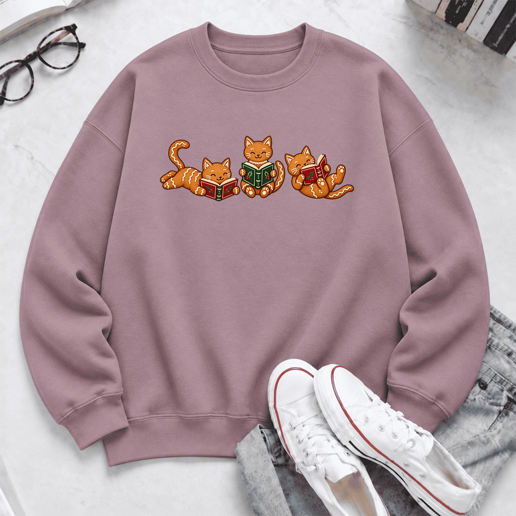 Cozy Gingerbread Cats Reading Books Softstyle Sweatshirt | Christmas Gift Paragon