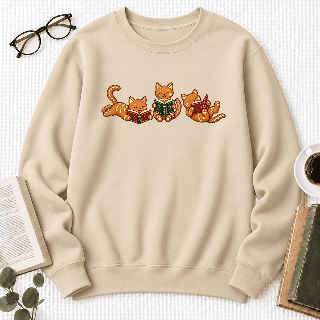 Cozy Gingerbread Cats Reading Books Softstyle Sweatshirt | Christmas Gift Sand