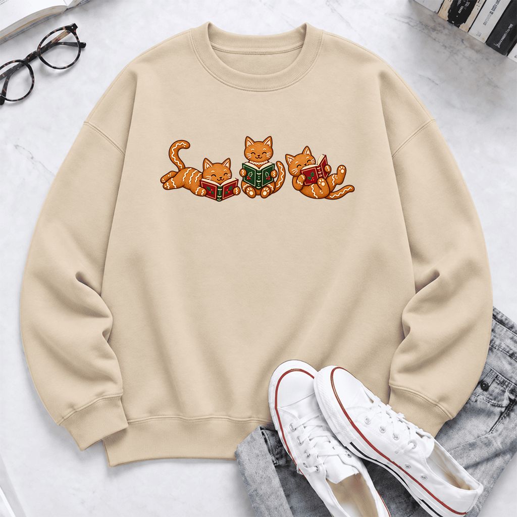 Cozy Gingerbread Cats Reading Books Softstyle Sweatshirt | Christmas Gift Sand