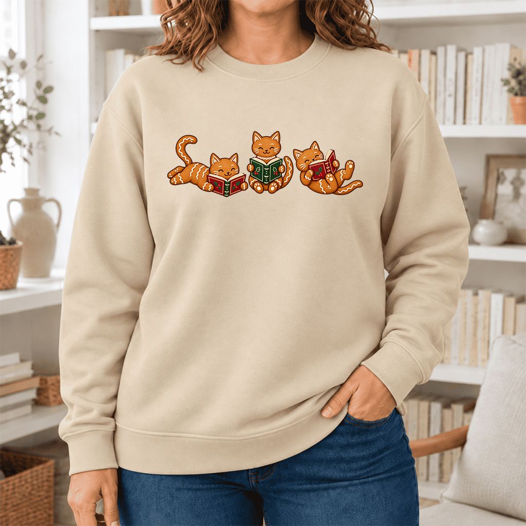 Cozy Gingerbread Cats Reading Books Softstyle Sweatshirt | Christmas Gift Sand