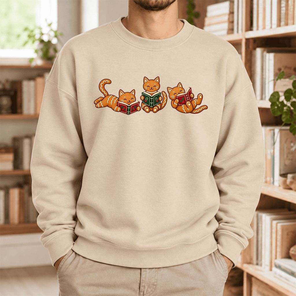 Cozy Gingerbread Cats Reading Books Softstyle Sweatshirt | Christmas Gift Sand