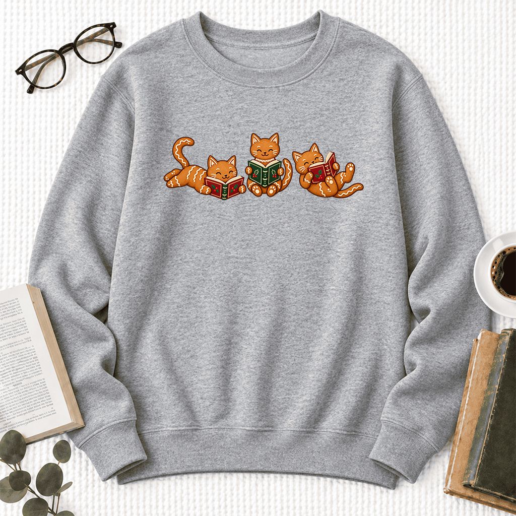 Cozy Gingerbread Cats Reading Books Softstyle Sweatshirt | Christmas Gift Sport Grey