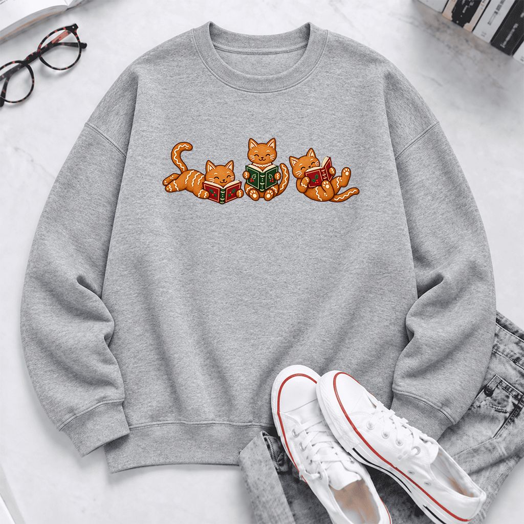 Cozy Gingerbread Cats Reading Books Softstyle Sweatshirt | Christmas Gift Sport Grey