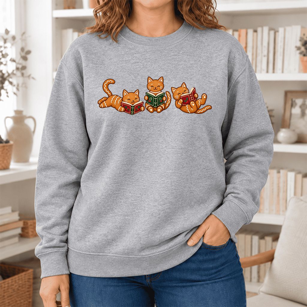 Cozy Gingerbread Cats Reading Books Softstyle Sweatshirt | Christmas Gift Sport Grey