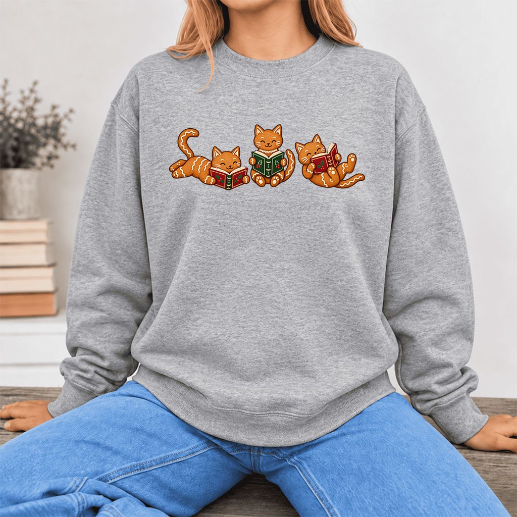 Cozy Gingerbread Cats Reading Books Softstyle Sweatshirt | Christmas Gift Sport Grey