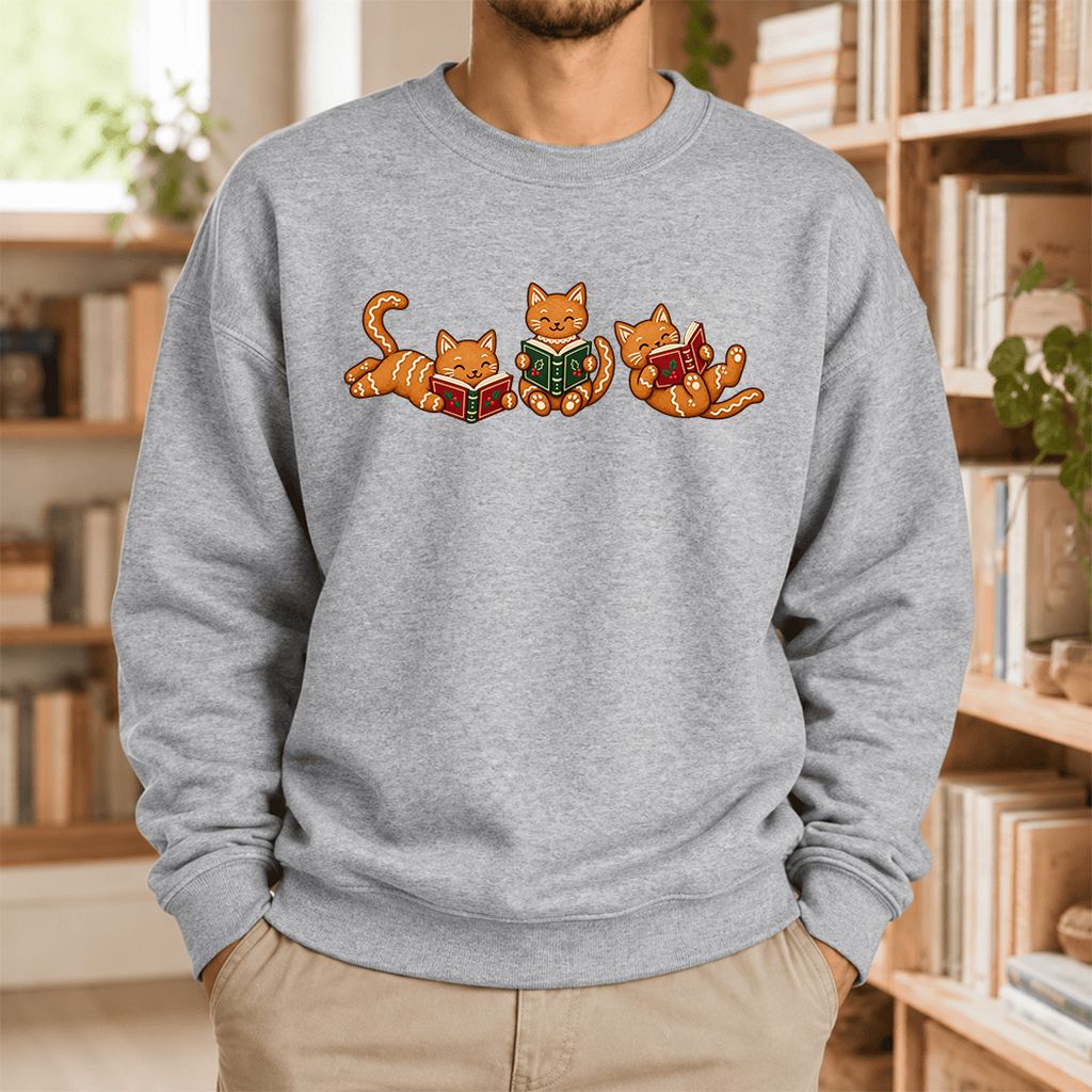 Cozy Gingerbread Cats Reading Books Softstyle Sweatshirt | Christmas Gift Sport Grey
