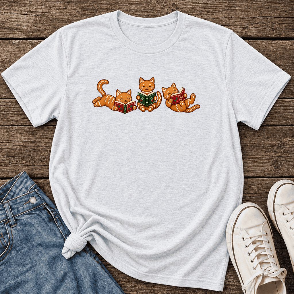 Cozy Gingerbread Cats Reading Books Ultra-Soft Cotton T-Shirt | Christmas Gift Ash