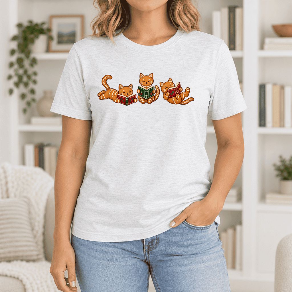 Cozy Gingerbread Cats Reading Books Ultra-Soft Cotton T-Shirt | Christmas Gift Ash