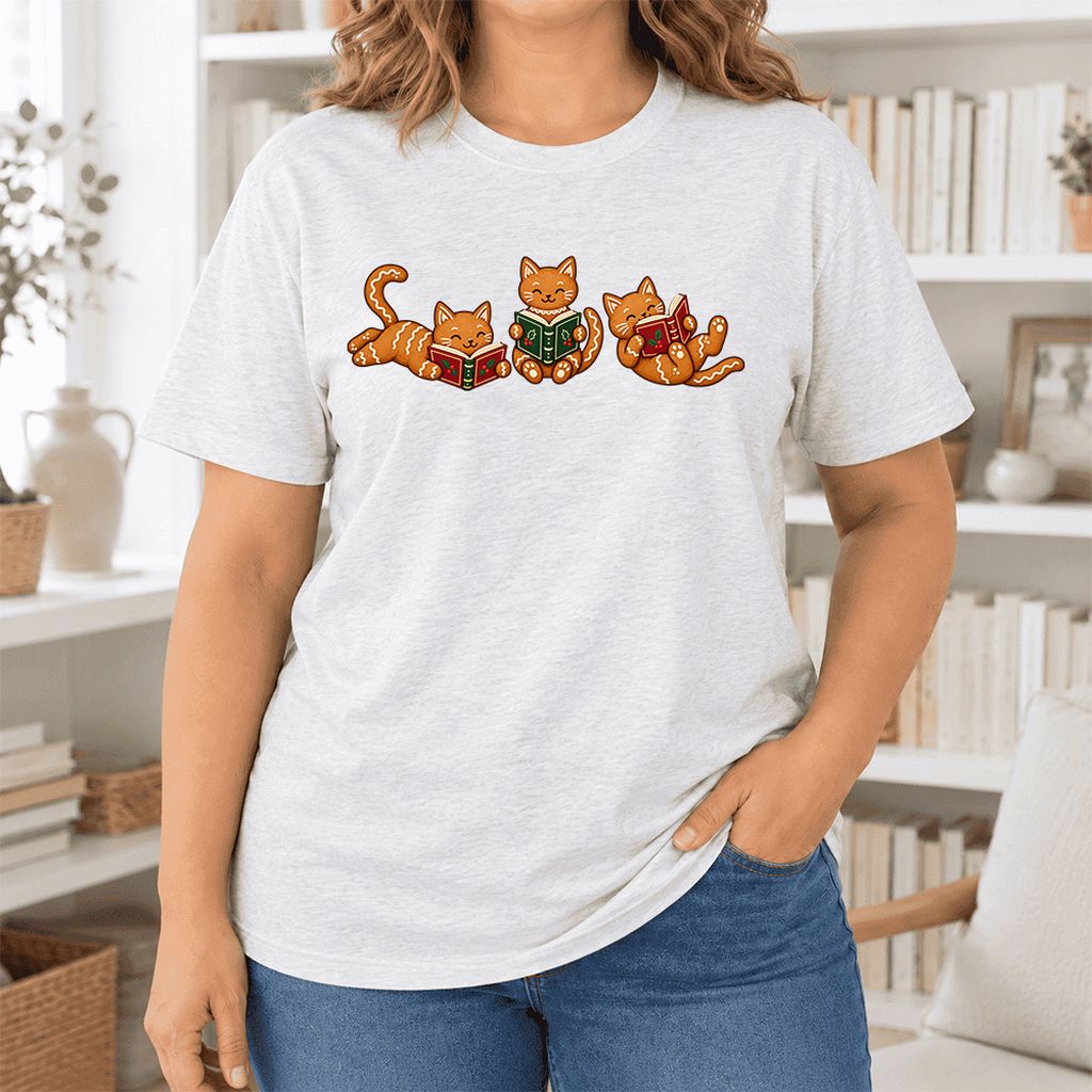 Cozy Gingerbread Cats Reading Books Ultra-Soft Cotton T-Shirt | Christmas Gift Ash