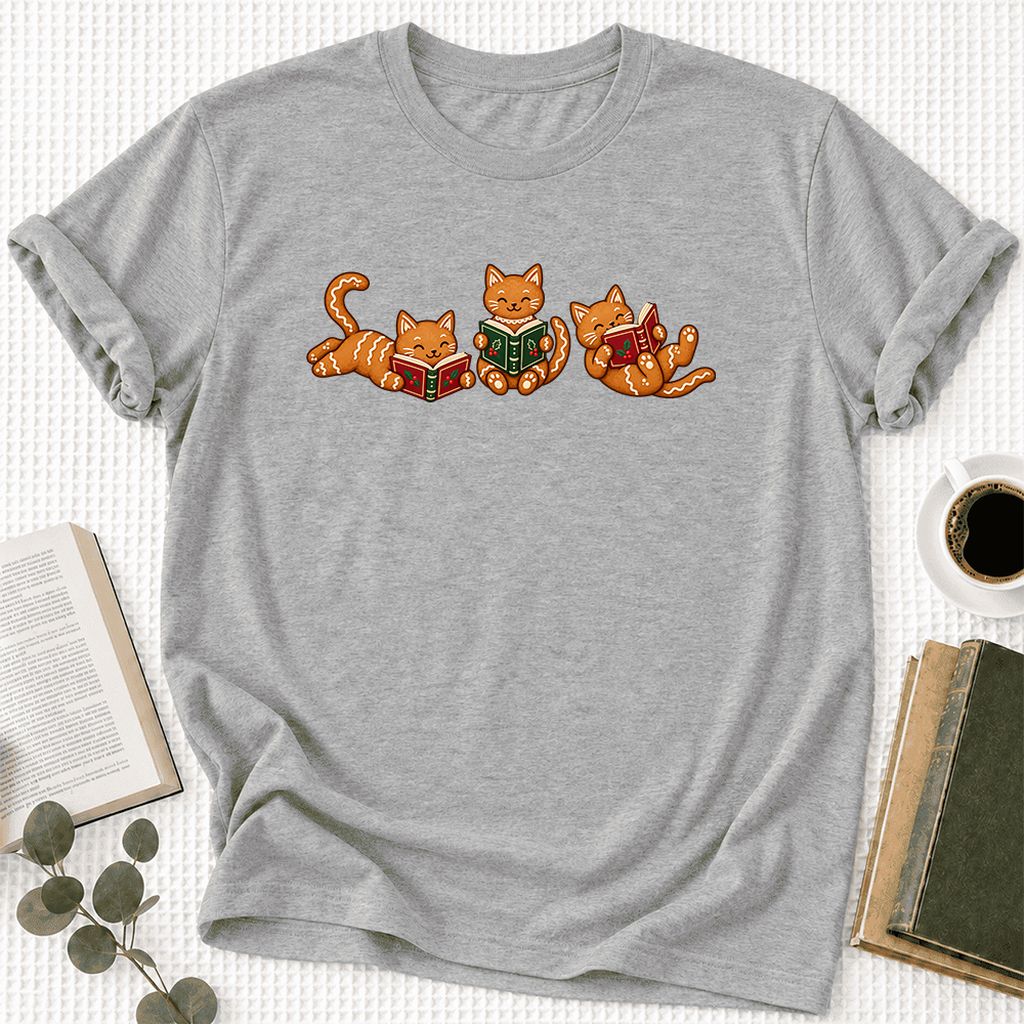 Cozy Gingerbread Cats Reading Books Ultra-Soft Cotton T-Shirt | Christmas Gift Athletic Heather