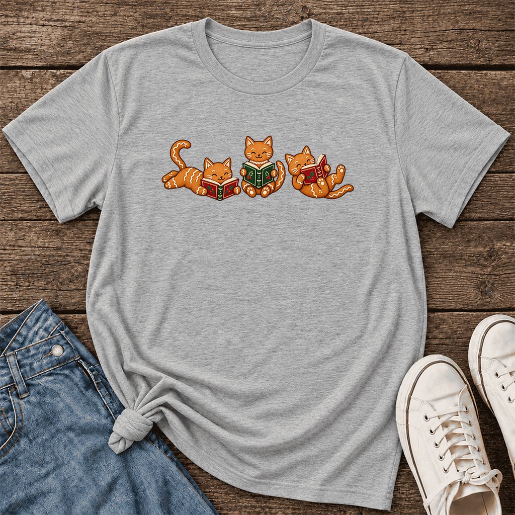 Cozy Gingerbread Cats Reading Books Ultra-Soft Cotton T-Shirt | Christmas Gift Athletic Heather