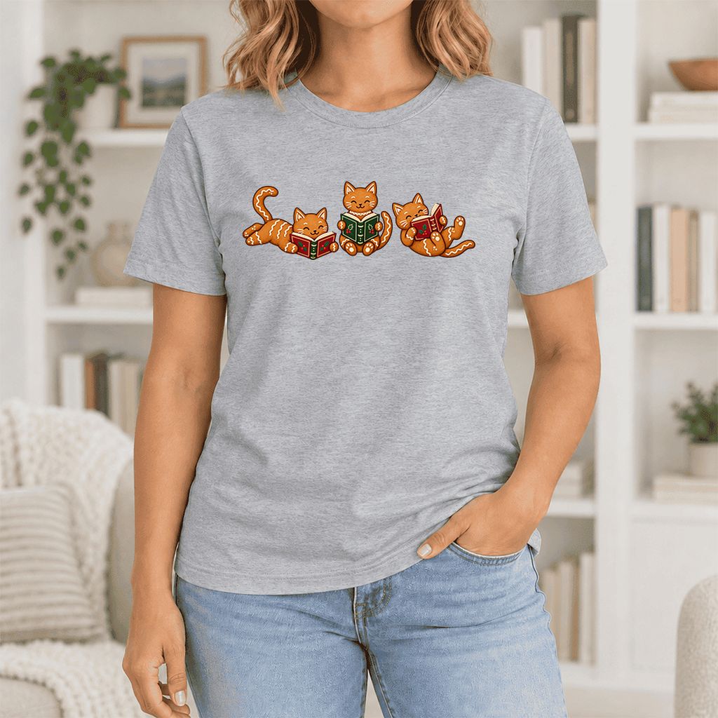 Cozy Gingerbread Cats Reading Books Ultra-Soft Cotton T-Shirt | Christmas Gift Athletic Heather