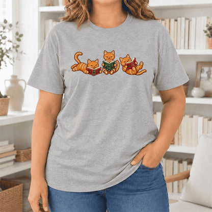 Cozy Gingerbread Cats Reading Books Ultra-Soft Cotton T-Shirt | Christmas Gift Athletic Heather