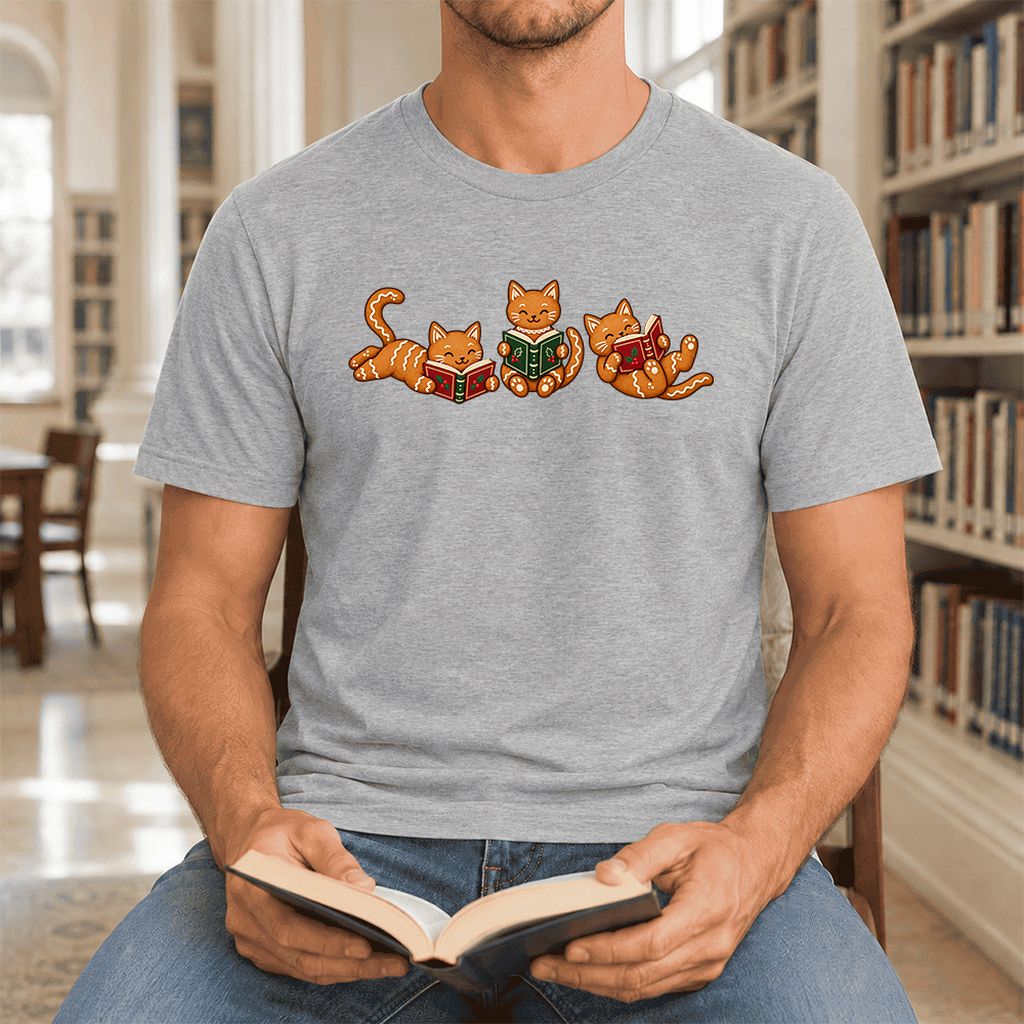 Cozy Gingerbread Cats Reading Books Ultra-Soft Cotton T-Shirt | Christmas Gift Athletic Heather
