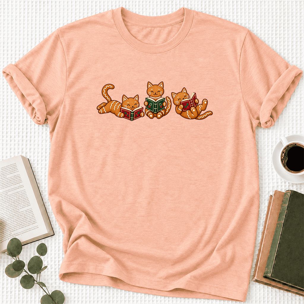 Cozy Gingerbread Cats Reading Books Ultra-Soft Cotton T-Shirt | Christmas Gift Heather Peach