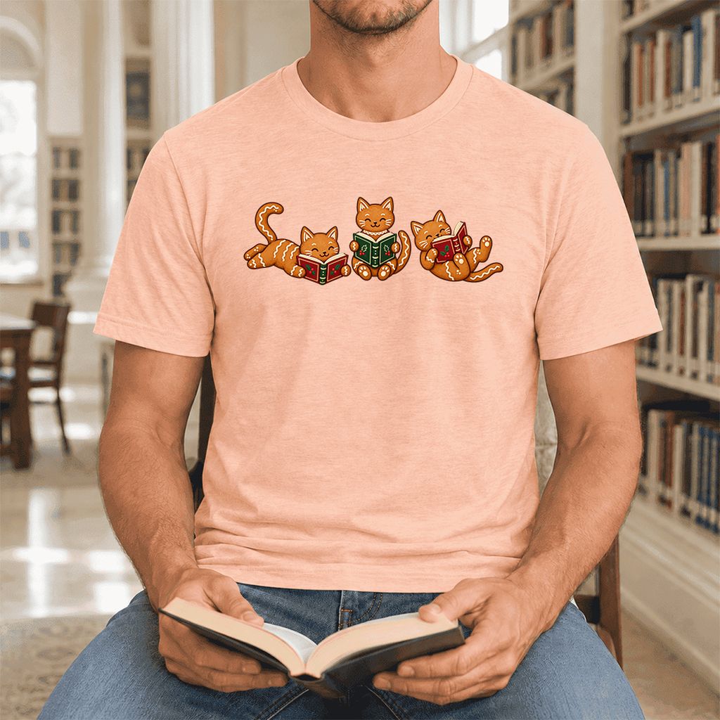 Cozy Gingerbread Cats Reading Books Ultra-Soft Cotton T-Shirt | Christmas Gift Heather Peach