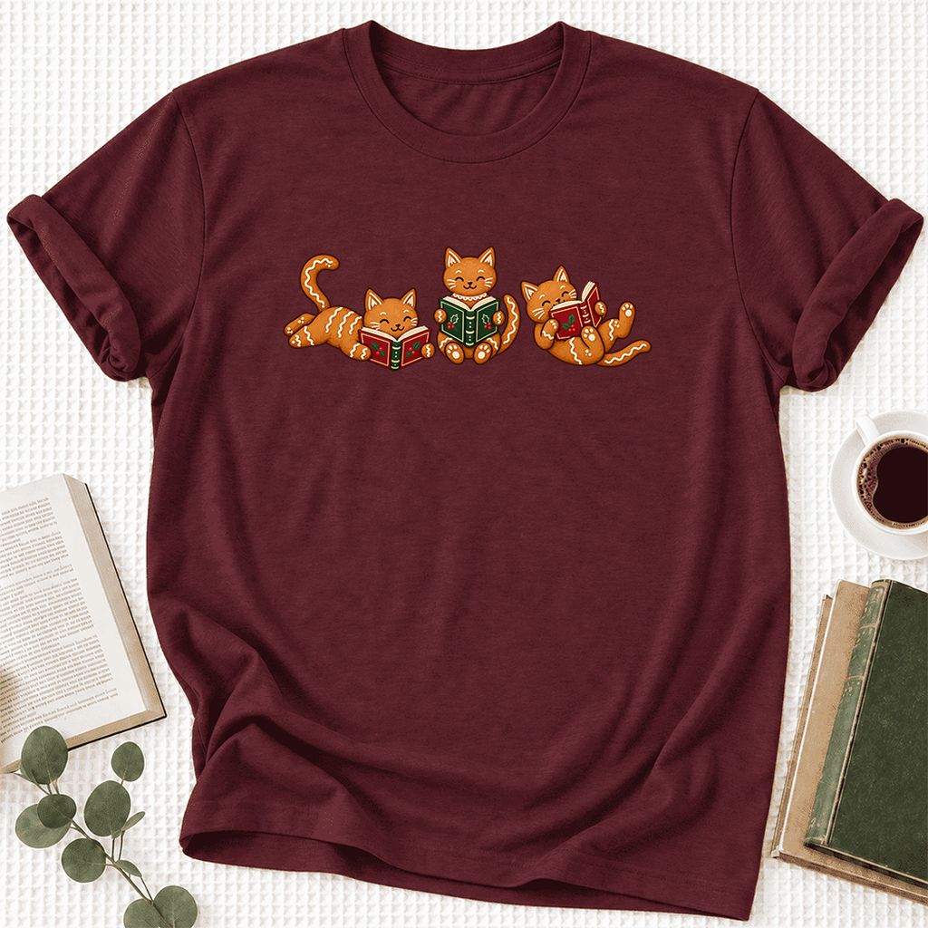 Cozy Gingerbread Cats Reading Books Ultra-Soft Cotton T-Shirt | Christmas Gift Maroon