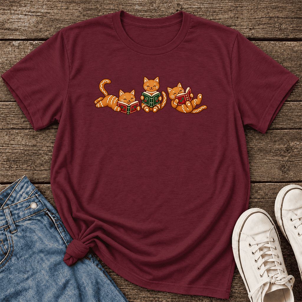 Cozy Gingerbread Cats Reading Books Ultra-Soft Cotton T-Shirt | Christmas Gift Maroon