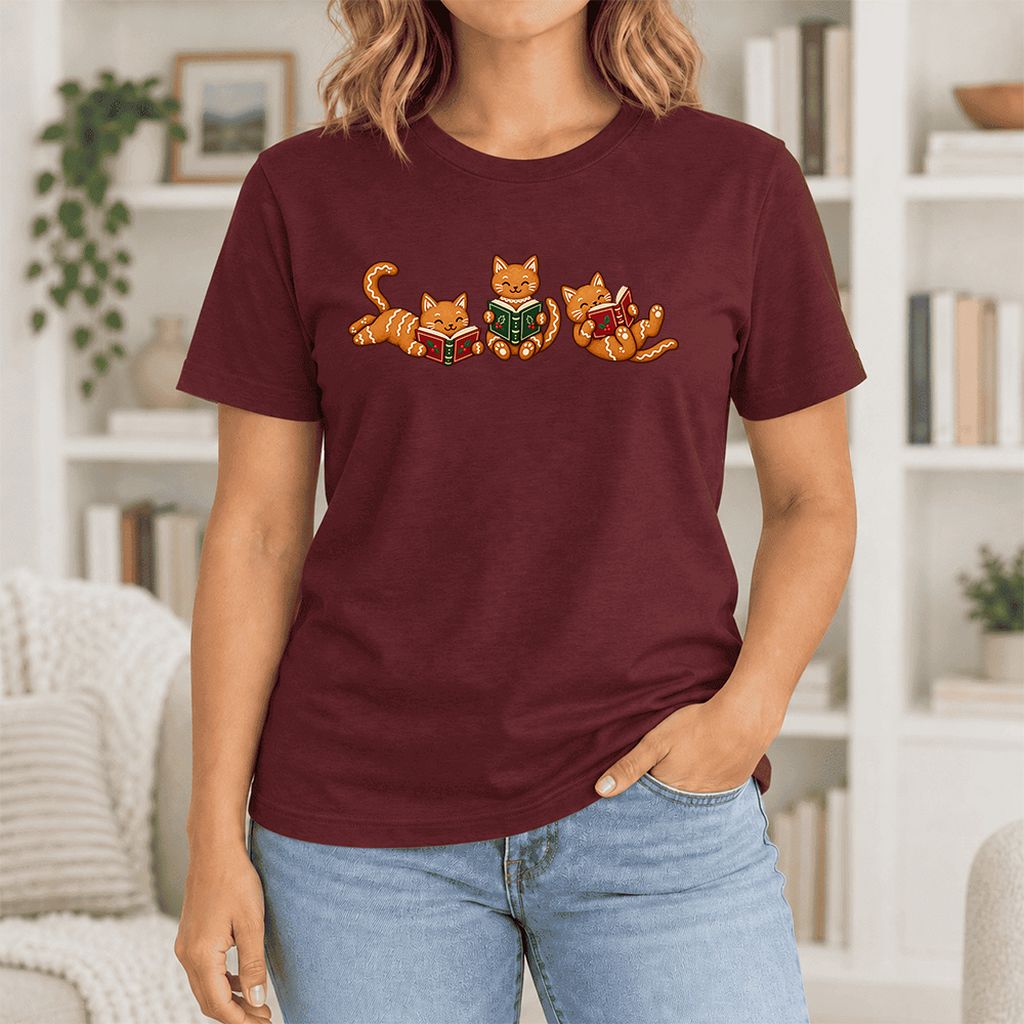Cozy Gingerbread Cats Reading Books Ultra-Soft Cotton T-Shirt | Christmas Gift Maroon