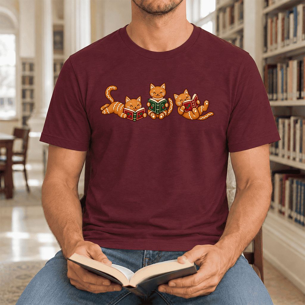 Cozy Gingerbread Cats Reading Books Ultra-Soft Cotton T-Shirt | Christmas Gift Maroon