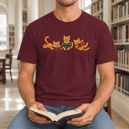 Cozy Gingerbread Cats Reading Books Ultra-Soft Cotton T-Shirt | Christmas Gift Maroon