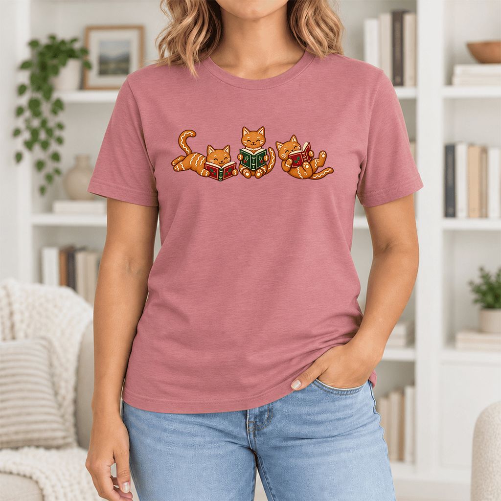 Cozy Gingerbread Cats Reading Books Ultra-Soft Cotton T-Shirt | Christmas Gift Mauve