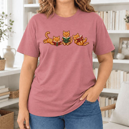 Cozy Gingerbread Cats Reading Books Ultra-Soft Cotton T-Shirt | Christmas Gift Mauve