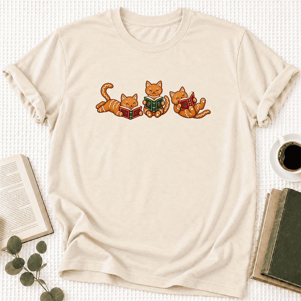 Cozy Gingerbread Cats Reading Books Ultra-Soft Cotton T-Shirt | Christmas Gift Natural