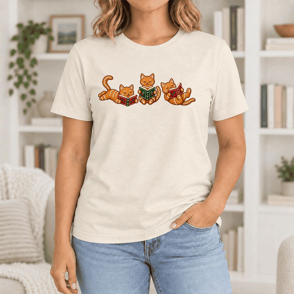 Cozy Gingerbread Cats Reading Books Ultra-Soft Cotton T-Shirt | Christmas Gift Natural