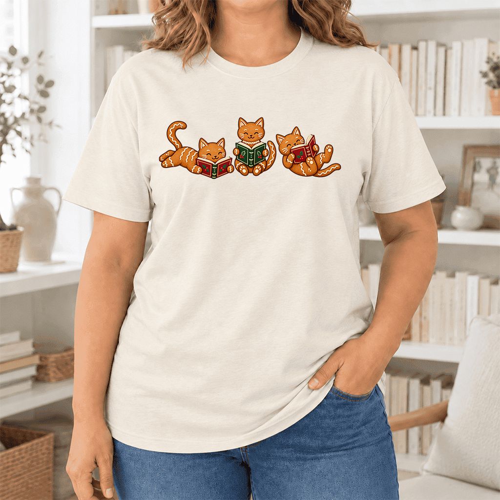 Cozy Gingerbread Cats Reading Books Ultra-Soft Cotton T-Shirt | Christmas Gift Natural