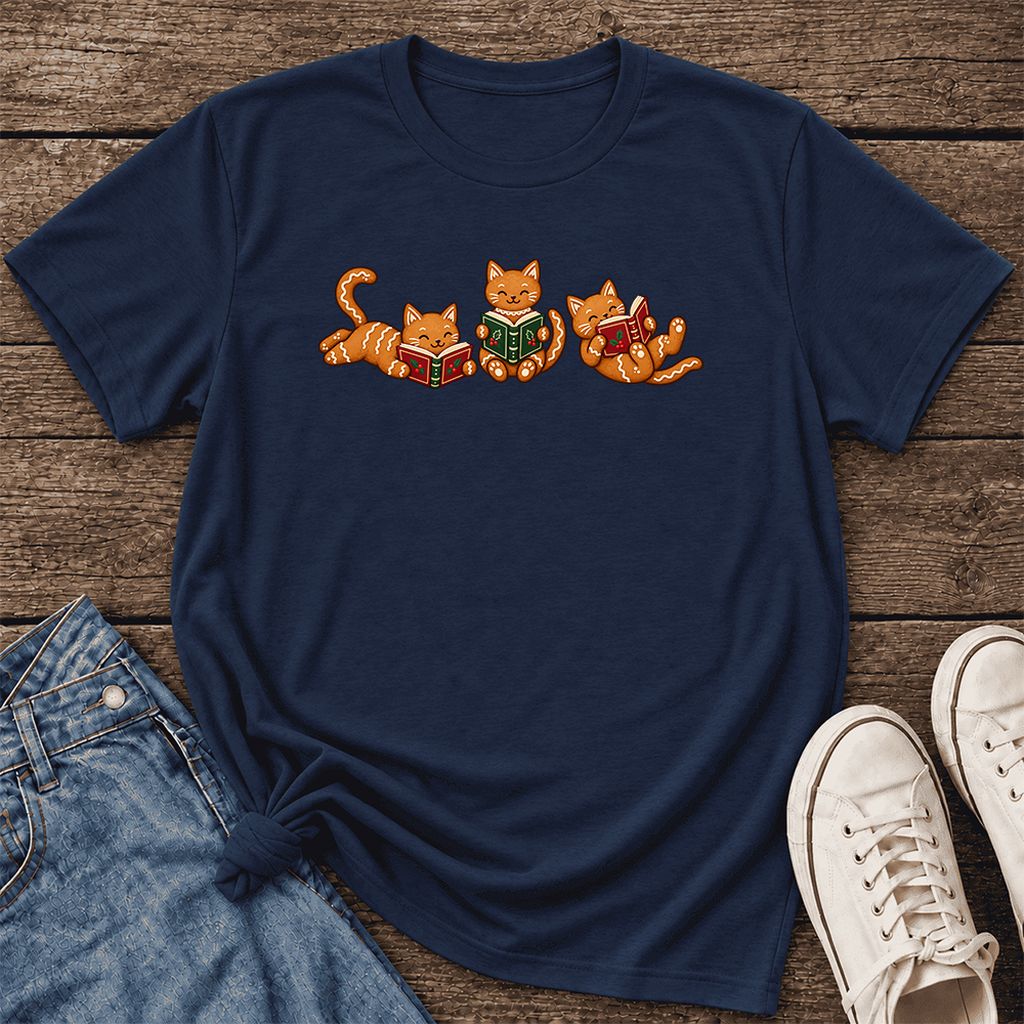 Cozy Gingerbread Cats Reading Books Ultra-Soft Cotton T-Shirt | Christmas Gift Navy