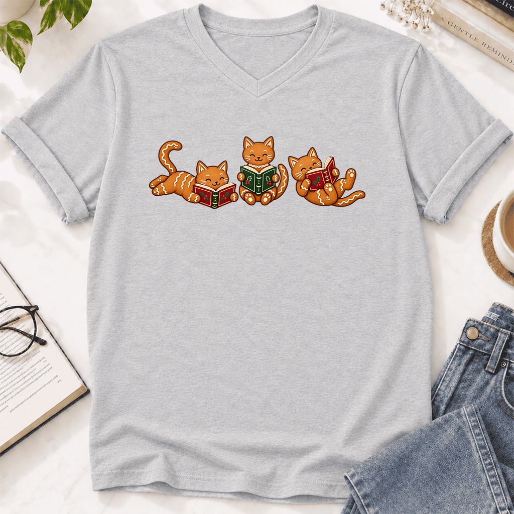 Cozy Gingerbread Cats Reading Books Ultra-Soft V-Neck | Christmas Gift Ash