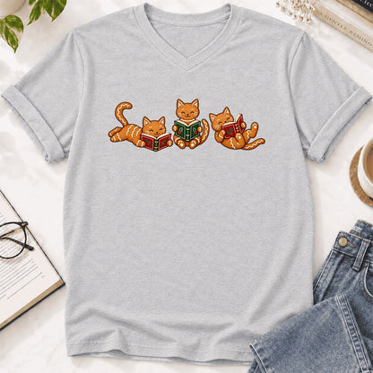 Cozy Gingerbread Cats Reading Books Ultra-Soft V-Neck | Christmas Gift Ash