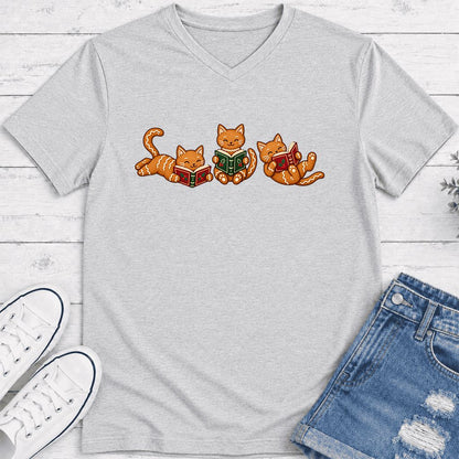 Cozy Gingerbread Cats Reading Books Ultra-Soft V-Neck | Christmas Gift Ash