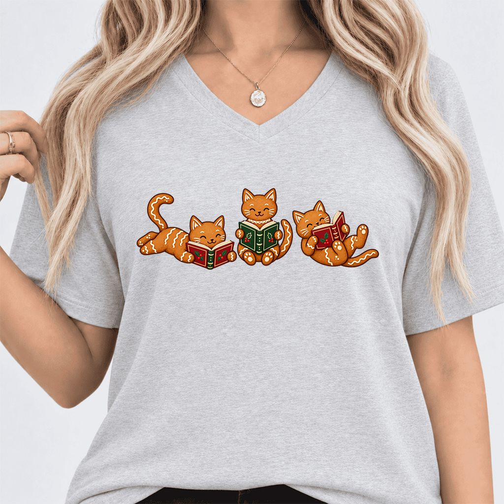 Cozy Gingerbread Cats Reading Books Ultra-Soft V-Neck | Christmas Gift Ash