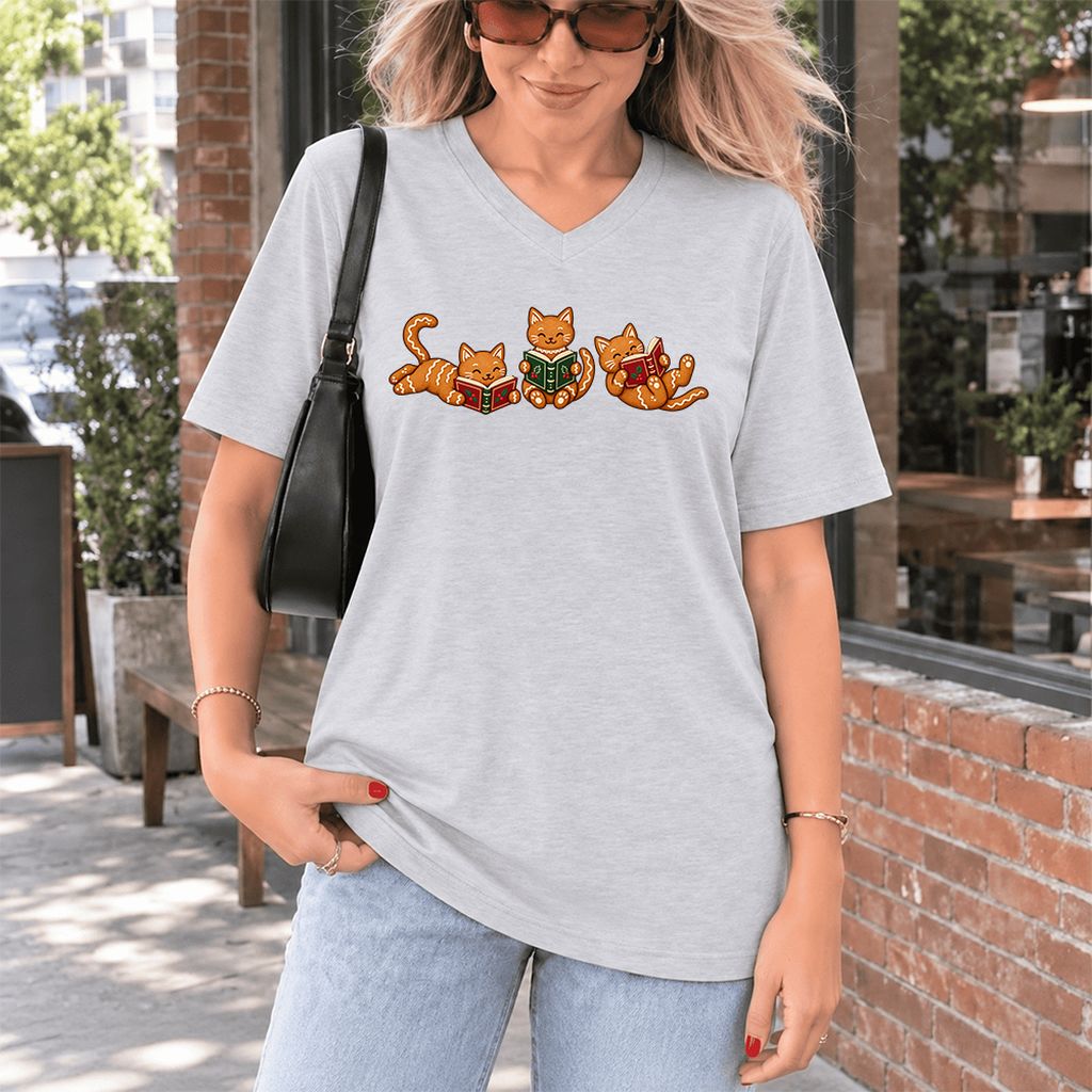 Cozy Gingerbread Cats Reading Books Ultra-Soft V-Neck | Christmas Gift Ash