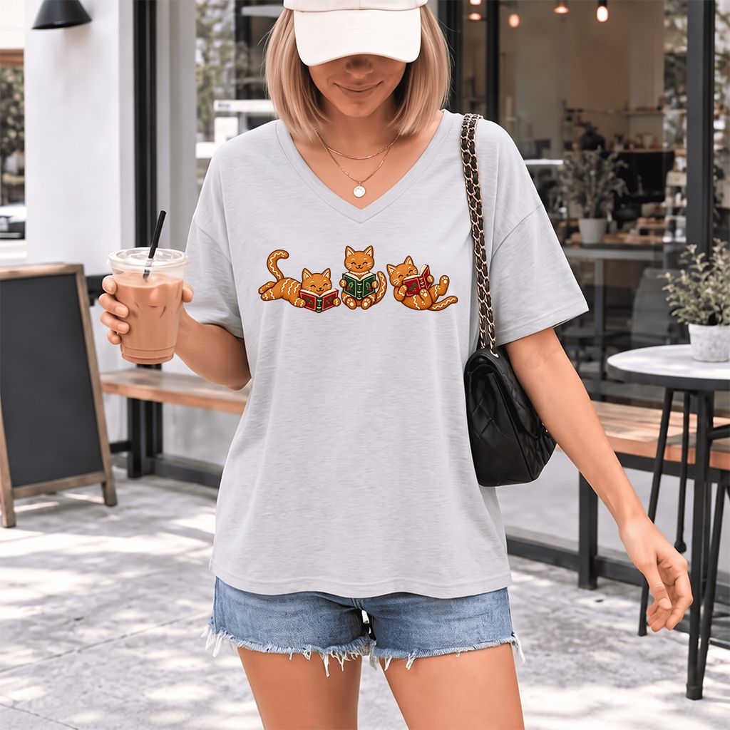 Cozy Gingerbread Cats Reading Books Ultra-Soft V-Neck | Christmas Gift Ash